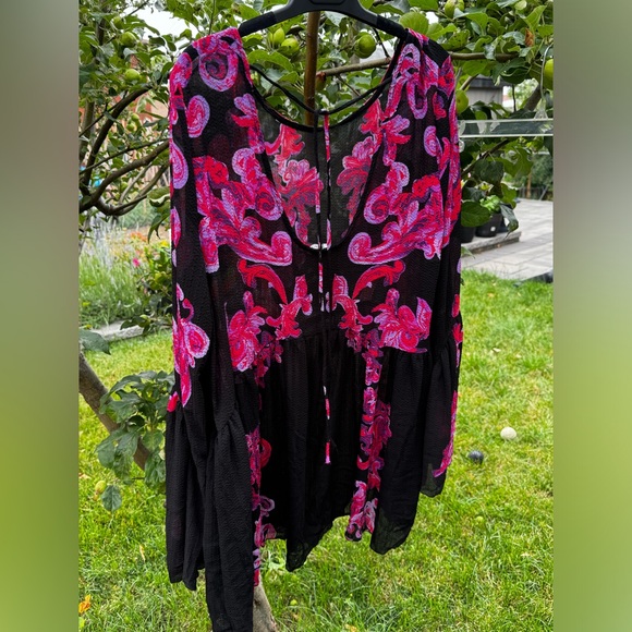 FREE PEOPLE Printed Symphony Black & Purple Long Sleeve Printed Slip Dress, Sz L - Picture 8 of 15